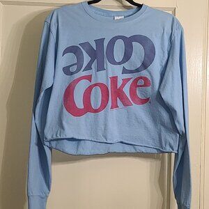 The Coca Cola Co Women's Cropped Tee Small Light Blue Long Sleeve Crew Neck Logo
